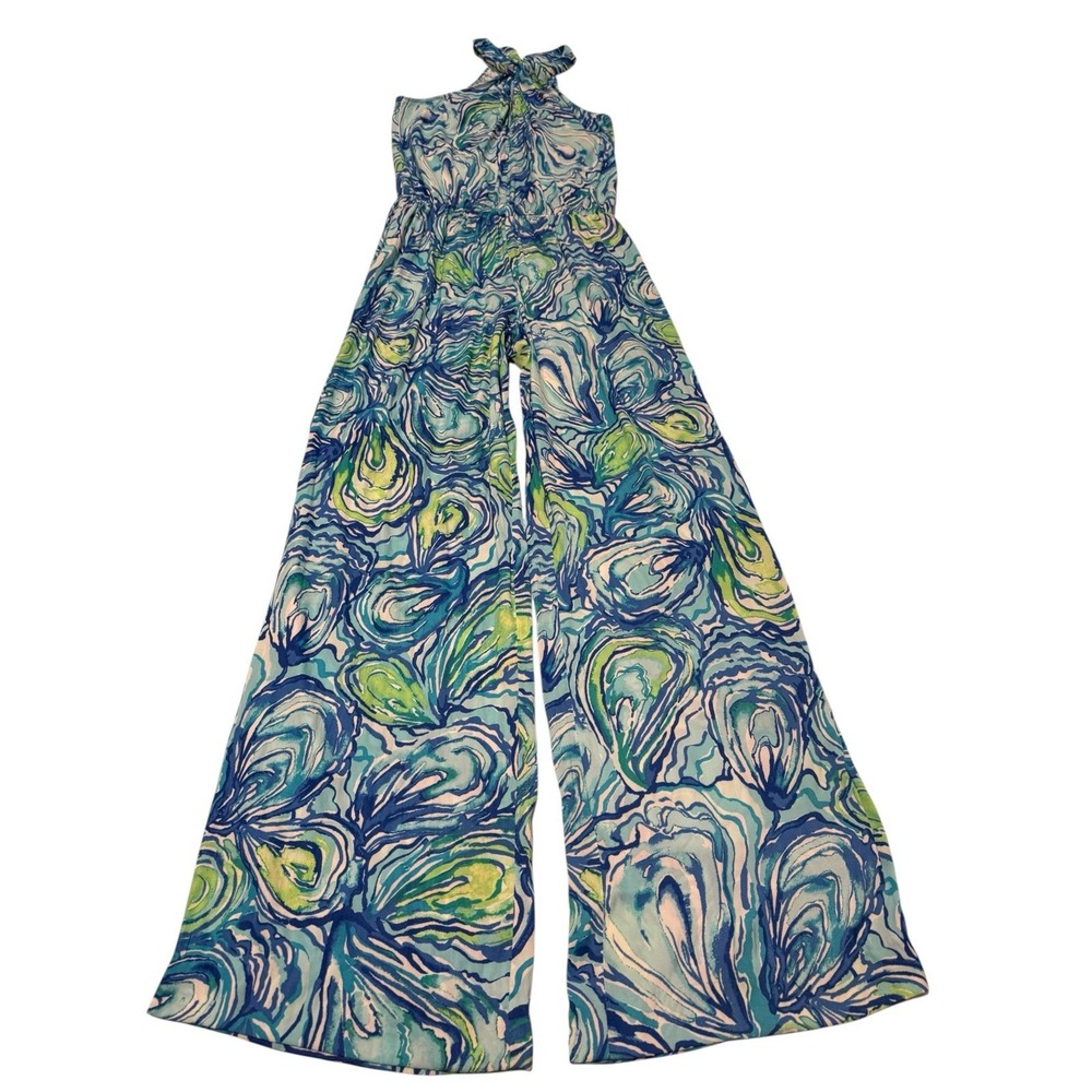 Lilly Pulitzer Womens Small Blue Green Oyster Shell Halter Jumpsuit Sleeveless